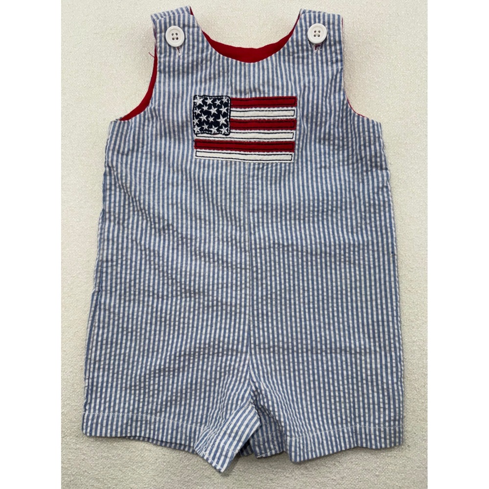 Good Lad Smocked Baby Boy Seersucker American Flag Jon Jon Romper Blue 6 Months